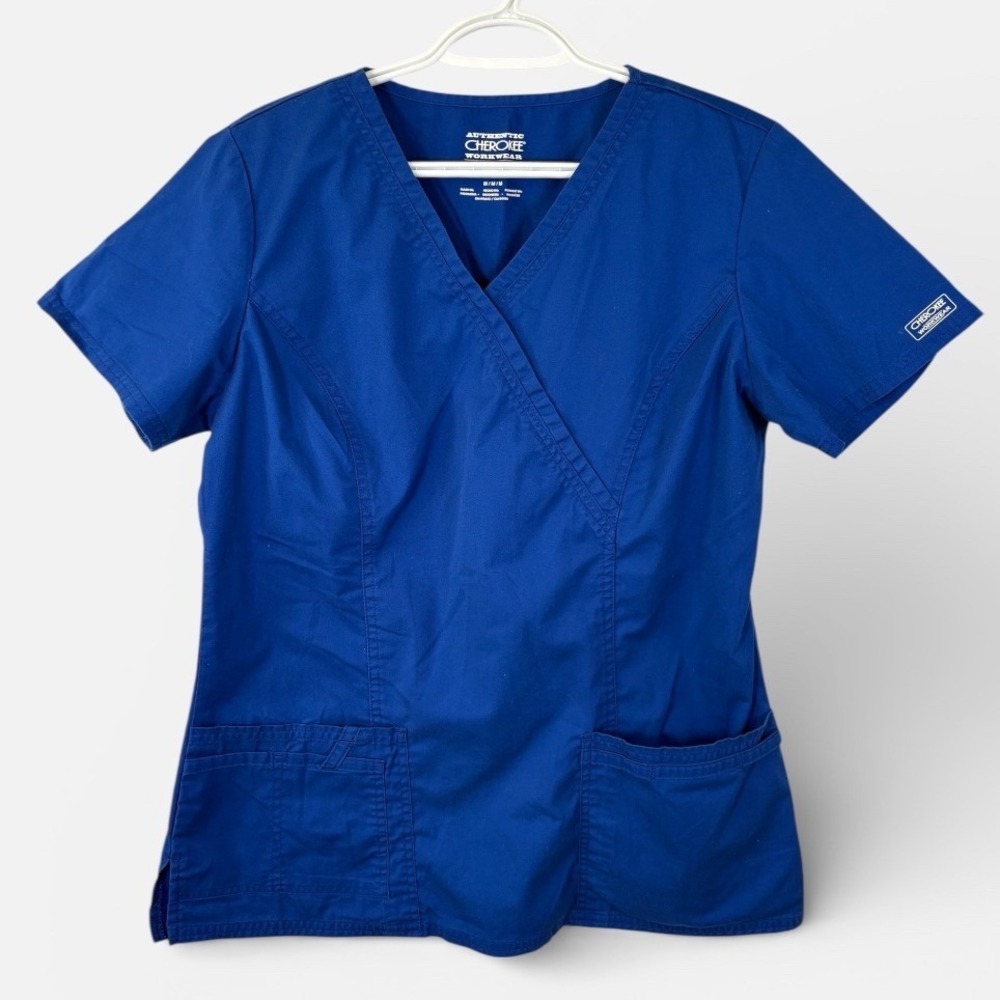 Cherokee Workwear Core Stretch Galaxy Blue V Neck Wrap Scrub Top and Pants Set